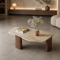Table basse créative de style nordique en pierre de grotte de forme irrégulière, avec cadre en bois et plateau en dalle de pierre, pour salons et hôtels