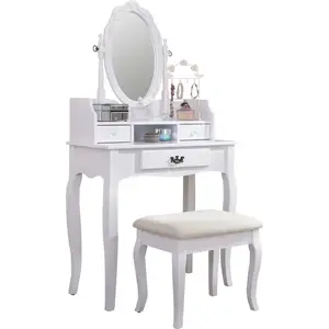 小尺寸节省空间木制化妆整理器桌子化妆镜套装梳妆台和凳子