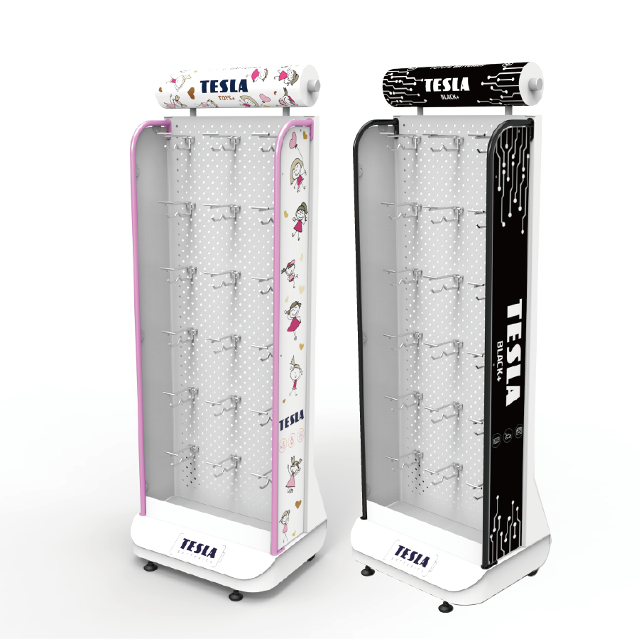 Battery Metal Display Rack Rechargeable Battery Single-side Floor Stand Hole Plate Shelf with Mobile Hooks and Wheels.