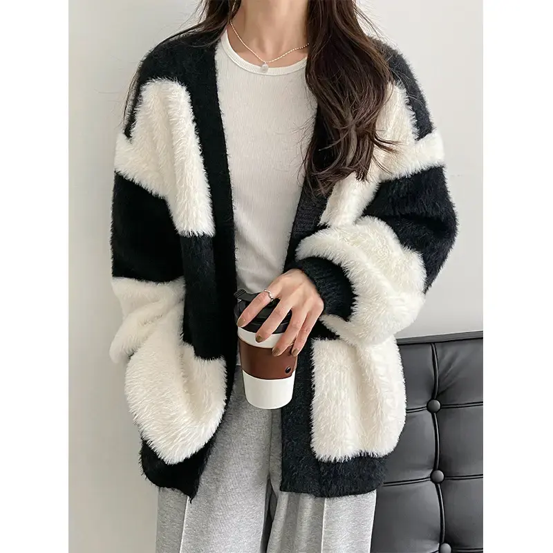 Autumn Winter Women Loose Knit Long Sleeve Coat Cozy Fur Cardigans For Women