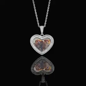 Qiuhan Copper Zircon Memory Personalized Double Heart Custom Photo Pendant Necklace