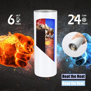 Gobelet isotherme mince 20oz en acier inoxydable blanc, vierge pour sublimation, avec couvercles, pailles et ruban adhésif - Product Image 5