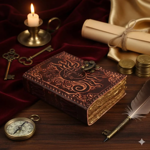 สมุดบันทึกหนังลายนูนพระอาทิตย์และพระจันทร์ ทำมือ สไตล์วินเทจ พร้อมกุญแจล็อค ขอบกระดาษแบบดีเคล - Product Image 2