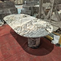Table à manger ovale en marbre Calacatta Bule avec base cylindrique cannelée, table à manger en pierre naturelle pour la salle à manger à domicile