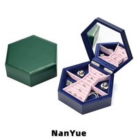 Boîte à bijoux hexagonale en cuir PU avec miroir, organisateur double couche en velours pour bagues, boucles d'oreilles, colliers, rangement de voyage, logo personnalisé