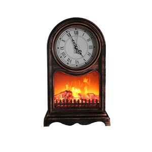Retro LED <b>Fireplace</b> <b>Table</b> Clock Simulated Flame Light 110V Wooden Mantel Decor - Product Image 5