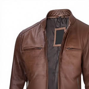 Veste en cuir marron pour homme, col mandarin, fermeture éclair, chauffante, coupe-vent, style moto, manteau d'hiver décontracté - Product Image 5