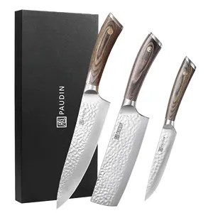 HVS3 Hot Seller 3PCS 5cr15mov Steel Chefs Knife Hammer Balde Pakka Wood Handle OEM Kitchen Knives Set Golden Supplier