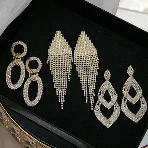 Multi modelos de luxo nupcial jóias sliver, exagerado grande grande cristal borla strass brincos para mulheres