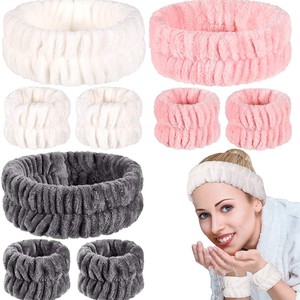 Soft Flannel Spa Headband and Wristband Set with Highly Absorbent Design for Face Washing in White Pink Gray Colors - Product Image 1