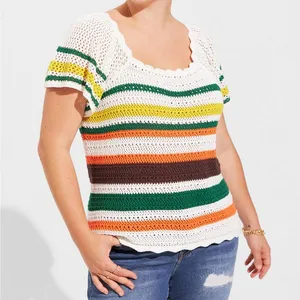 OEM Plus Size Women Sweater Square Neck Short Sleeve Tie Back Colorful Striped Pattern Knitted Pullover Sweater Women