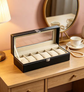 Boîte de rangement de luxe pour 6 montres, boîte de collection en cuir PU avec fenêtre transparente et miroir, boîte cadeau de présentation pour la maison - Product Image 6