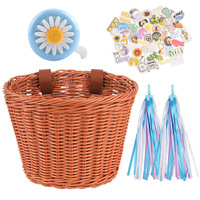 Juego de Cesta de Bicicleta para Niños de Imitación de Ratán Retro con Campana, Pegatinas, Borlas para Manillar, Kit de Accesorios Decorativos para Bicicleta Infantil
