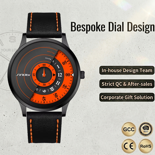 SINOBI Creative Orange Dial Watch for Men Unique Rotating Disk Design Alloy Quartz Wristwatch Custom Logo OEM Factory