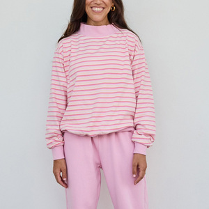 Trendy Fashionable Autumn Printed <b>Pink</b> Striped Mock Neck Knitted Polyester/Cotton Soft Fleece <b>Long</b> <b>Sleeve</b> Women's Retro - Product Image 1