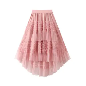 फंगस अनियमित फैशन सॉलिड कलर केक पेटीस्कर्ट फेयरी ड्रेस बड़ी स्विंग सिलाई जाल आधी लंबाई वाली स्कर्ट