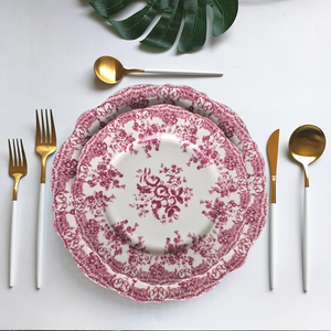 Services de table vintage à motifs floraux roses, bleus, noirs, verts – Assiettes de présentation et assiettes plates pour mariage en porcelaine fine – Plateau décoratif - Product Image 1