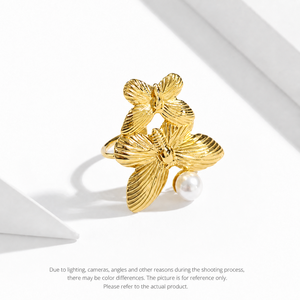 <b>Floral</b> Pearl Open Ring Stainless Steel 14K Gold Vacuum Plated Adjustable Ribbed Flower Statement Ring 26.8 mm - Product Image 1