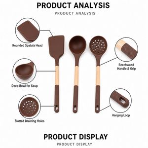 LA Custom Logo 3 Pcs Food Grade <b>Silicone</b> <b>Utensil</b> <b>Set</b> Wooden Handle Spatula Ladle Slotted Spoon Non-Stick Heat Resistant OEM ODM - Product Image 2