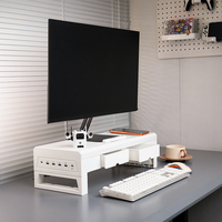 Support d'écran d'ordinateur double couche blanc avec deux tiroirs, charge sans fil et charge rapide, ainsi qu'un module USB3.0
