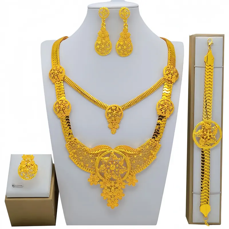 مجموعة مجوهرات الزفاف الهندية الأعلى مبيعًا من المصنع مطلية بذهب عيار 24 قيراط أقراط أساور طقم مجوهرات للنساء
