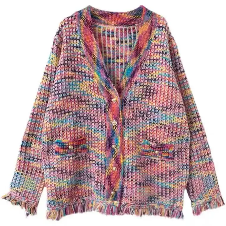 2024 가을 새로운 디자인 다채로운 니트 여성 코트 패션 술 프린지 레이디 카디건 스웨터