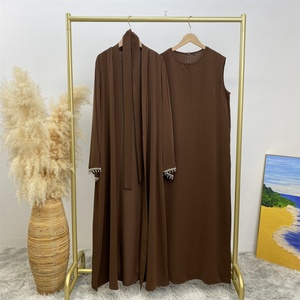2006+6595# Premium Nida Solid Color Two Pieces Set Modest <b>Kaftan</b> Eid Ramadan Diamond Dubai Abayas With Sleeveless slip Dress - Product Image 5