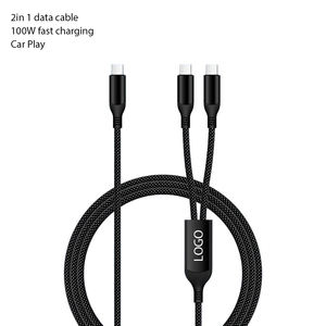 Cable de carga rápida 2 en 1 de 100W con revestimiento de nailon para coche, cargador de teléfono móvil, cable de datos USB tipo C. - Product Image 1