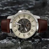 Montre automatique squelette pour homme, chiffres romains, bracelet en cuir, boîtier argenté, montre-bracelet pour homme d'affaires