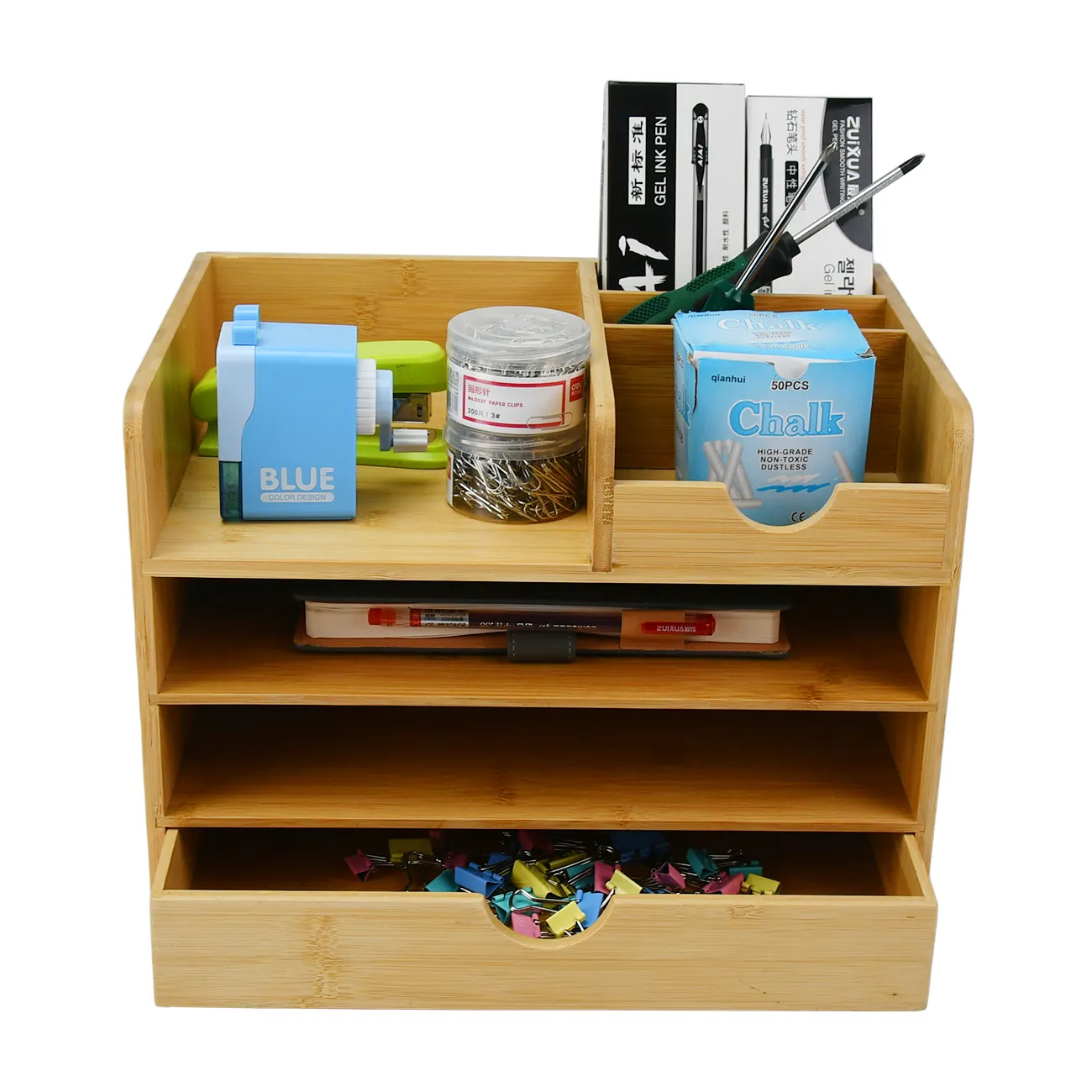 YOULIKE 4 livelli Bamboo Desktop Storage Organizer per ufficio portadocumenti da scrivania vassoio per lettere in carta con cassetto e portapenne