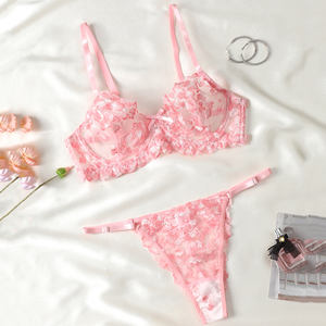 Ensemble de lingerie sexy pour femmes, vente chaude aux États-Unis, dentelle rose brodée, semi-transparente, lingerie érotique, fine, séduisante, sous-vêtements floraux taille basse - Product Image 1