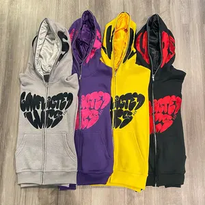 Custom Heavy Cotton Chenille Embroidery Full Face Zip Up Double Layer Hoodie Heavyweight Screen Puff Print Satin Lined Hoodie