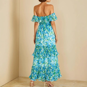 Vestido Largo de Noche de Gasa con Estampado Floral, Hombros Descubiertos, Cintura Imperio, Cierre Frontal, Estilo Transpirable - Product Image 2