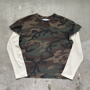 เสื้อยืดแขนยาวลายพรางโอเวอร์ไซส์ผู้ชาย สตรีทแวร์ โลโก้แบบกำหนดเอง ผ้าสองชั้น ทอแบบวาฟเฟิล - Product Image 2
