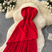 Robe longue décontractée élégante rouge WIWT, coupe trapèze, col halter, pour femme, idéale pour les fêtes, les vacances et le quotidien, fluide et douce