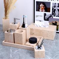 SAIDKOCC marbre naturel travertin salle de bain accessoires pour douche aromathérapie décoration désinfectant pour les mains bouteille boîte à mouchoirs plateau