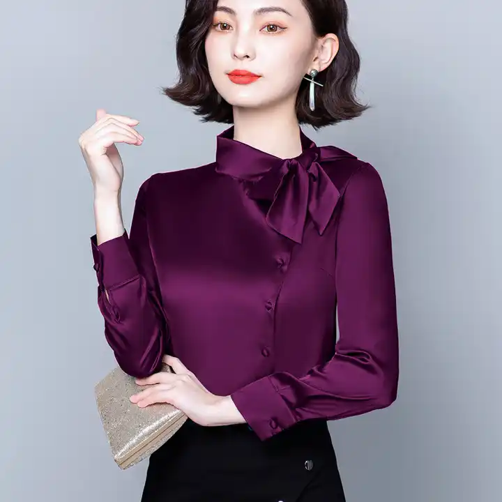 elegante cor brilhante arco cetim mulheres camisa blusa manga longa moda  coreano escritório senhoras trabalho camisa básica feminina tops