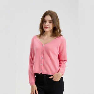 Cardigan en cachemire pur à 100 % pour femme, rose, col en V, tricoté, manches longues, coupe courte, décontracté, fermeture boutonnée, idéal pour l'automne - Product Image 3