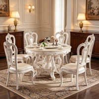 Französisches Luxus-Esszimmer-Set mit Rundem Marmortisch, Handgeschnitzten Massivholz-Lederstühlen und Drehbarem Esstisch