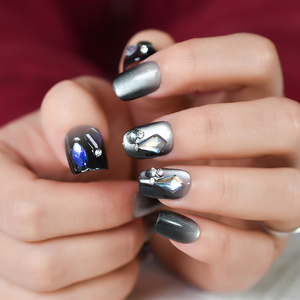 Presione las <span class=keywords><strong>uñas</strong></span> con piedras Gel Cat Eyes Design Squoval Short Black Gradient Color 15 tamaños-30 piezas Cubierta completa - Product Image 2