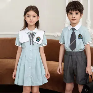 Kindergarten primary plaid royal sky blue kads baby girls button school uniforms pleated skirt top clothes wholesale