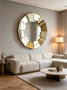 Espejo Decorativo de Pared Redondo Dorado de Lujo con Diseño Geométrico Biselado, Espejo de Acento sin Marco para Decoración de Entrada de Villa u Hotel - Product Image 3