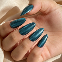 24 faux ongles autocollants vert sarcelle effet œil de chat, longs, forme amande, magnétiques, scintillants, réutilisables, vente en gros