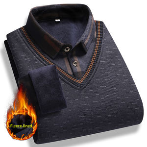 Herbst Winter Großhandel Warm Fleece Verdickt Herren Pullover Shirts Tops Falsch 2 Stück Herren Revers Casual Langarm Strick hemd - Product Image 2