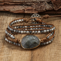 Gelang Manik-Manik Buatan Tangan Wanita, Perhiasan Batu Alam 3 Untai Amazonite Pink Quartz, Gelang Kulit Lilit