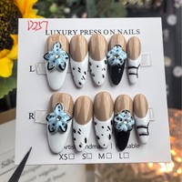 Lot de 10 faux ongles à presser faits à la main, couvrance totale, forme amande, motifs floraux personnalisés pré-dessinés pour doigts