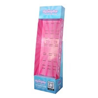 Présentoir de sol en carton rose moderne et écologique, personnalisé, avec crochets et étagères en forme d'aile, en carton ondulé, pour bandes de bonbons acidulés