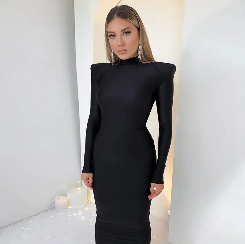 2022 Autumn Winter Sexy Maxi Dress With Shoulder Pad Women Long Sleeve Elegant Club Party Black Sexy Bodycon Long Dresses