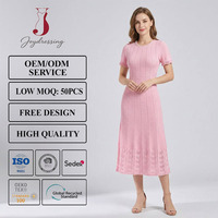 Robe midi élégante Joydressing en maille pointelle rose pour femme, col perlé, manches courtes, robes tricotées évasées, vente en gros, sur mesure