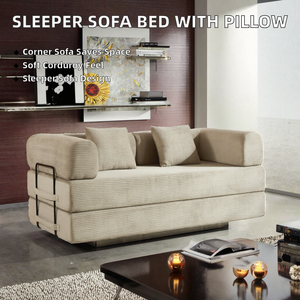 Canapé-lit convertible beige |   Canapé pliant en velours côtelé avec coussins, mobilier moderne gain de place pour appartements et hôtels - Product Image 3